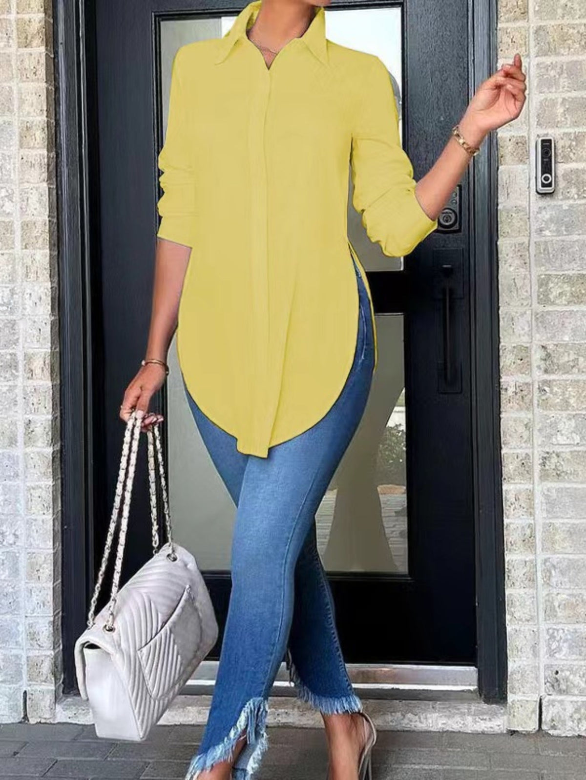 Women's Split Button Front Shirt - Casual Long Sleeve Curved Hem Top for Comfortable and Stylish Look