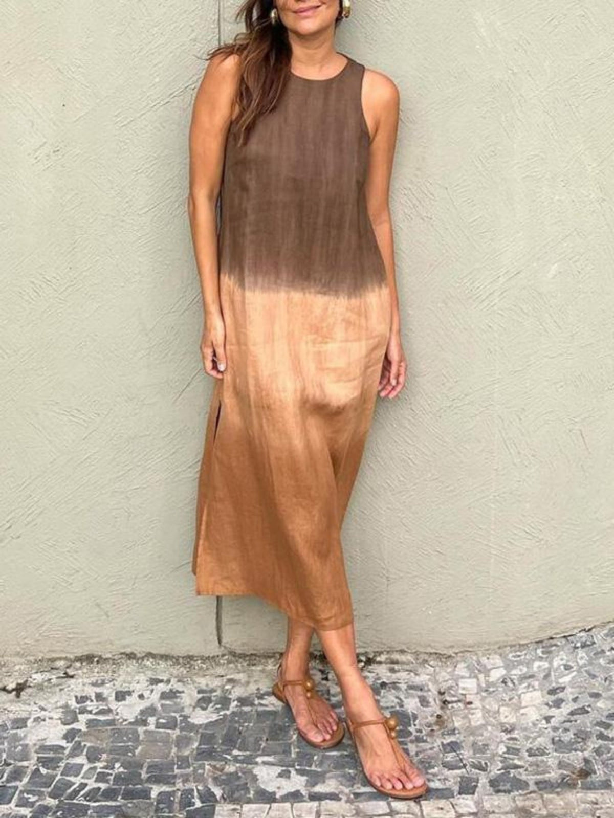 Casual Cotton Linen Sleeveless Side Slit Gradient Color Dress