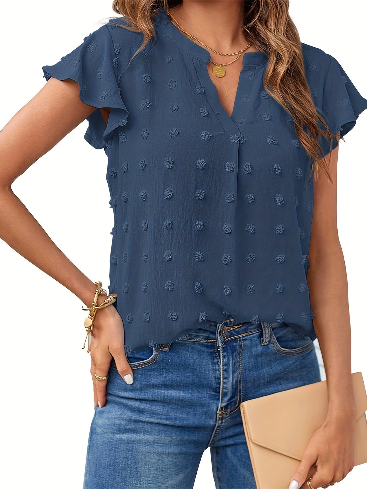 Swiss Dot V Neck Blouse, Casual Ruffle Sleeve Blouse
