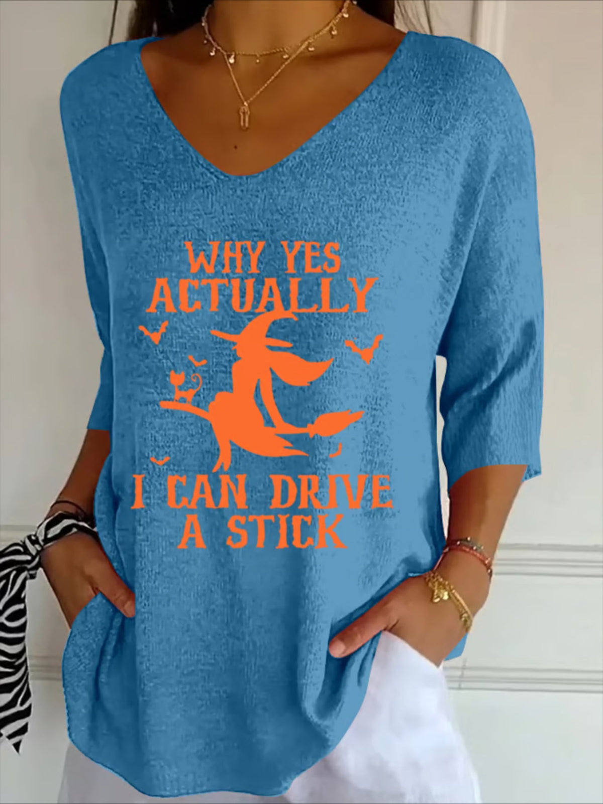 Halloween Printing Three Quarter Sleeve V Neck Casual Graphic Tee
