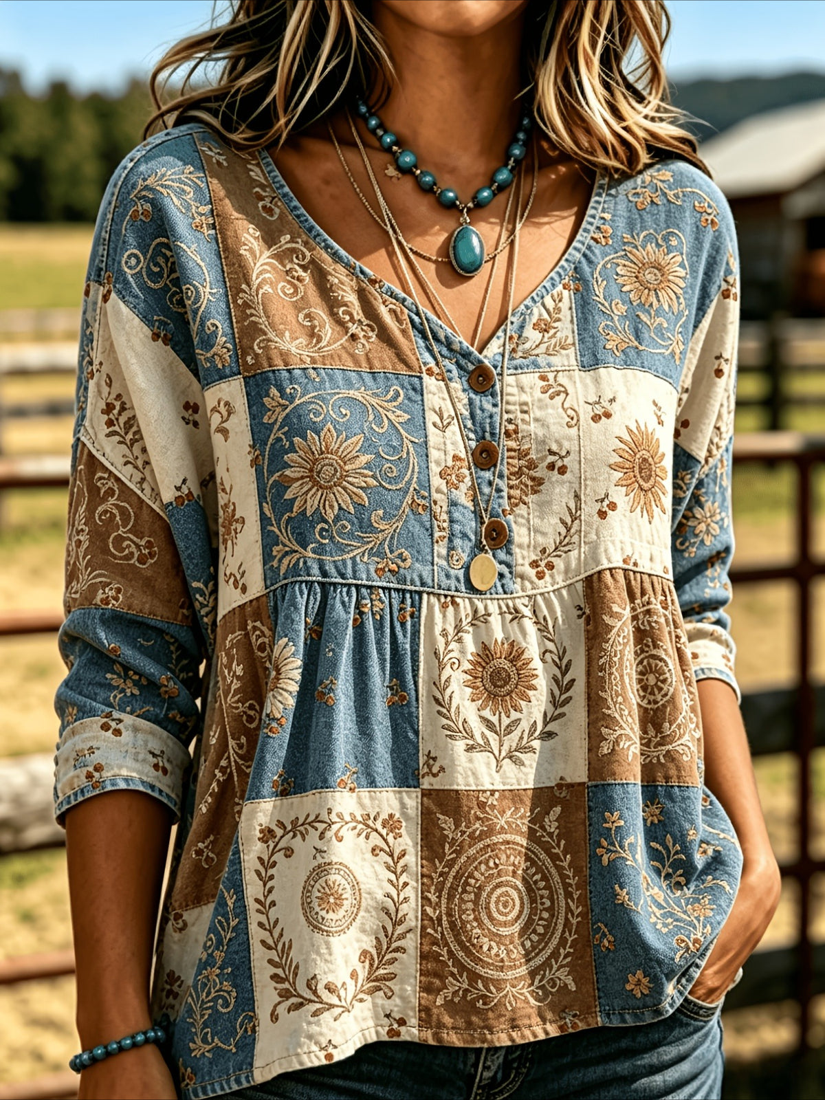 Floral Print 3/4 Sleeve V-Neck Three-Button Front Babydoll Blouse