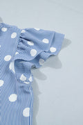 Sky Blue Stripe Contrast Polka Dot Print Pleated Ruffle Sleeve Shirt