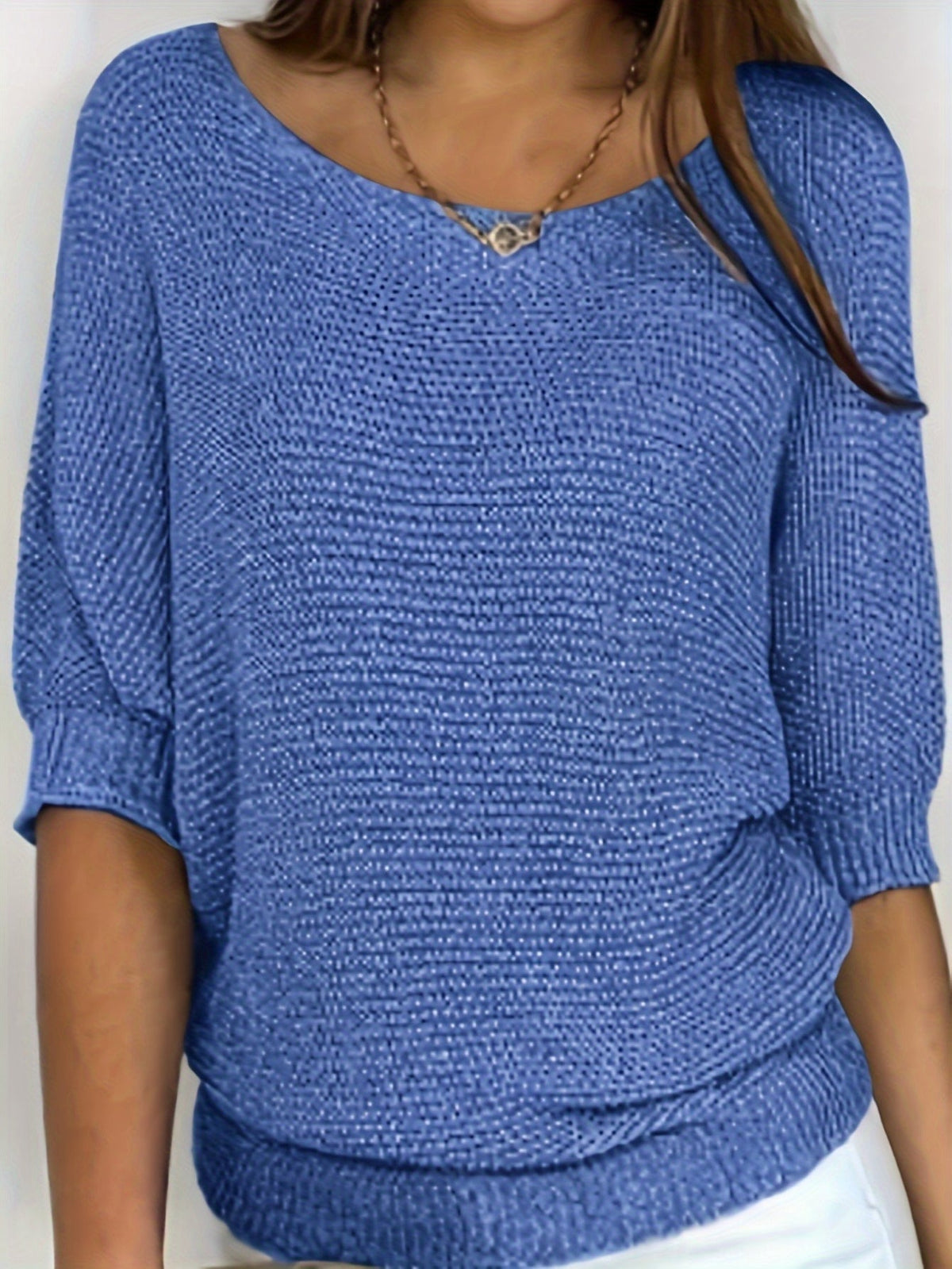 Solid Simple Knit Sweater, Casual Crew Neck 3/4 Sleeve Sweater
