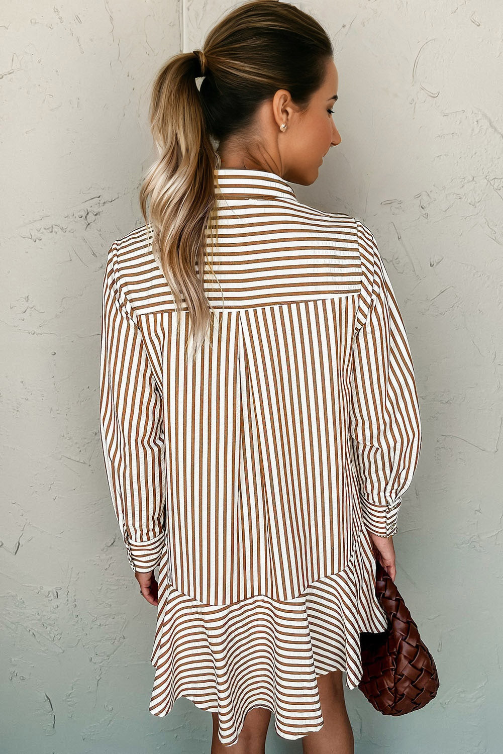 Brown Stripe Ruffled Hem Collared Long Sleeve Shirt Mini Dress