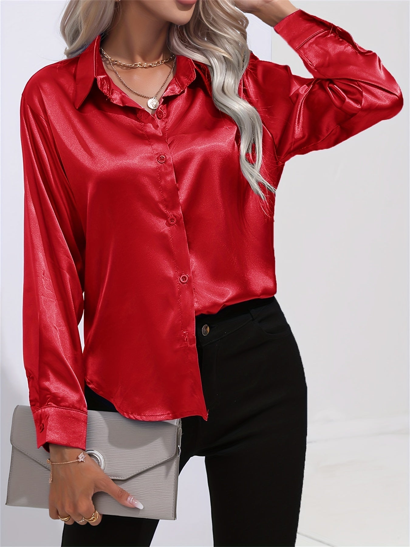 Lapel-collar Satin-satin-faux Silk Long-sleeved Shirt