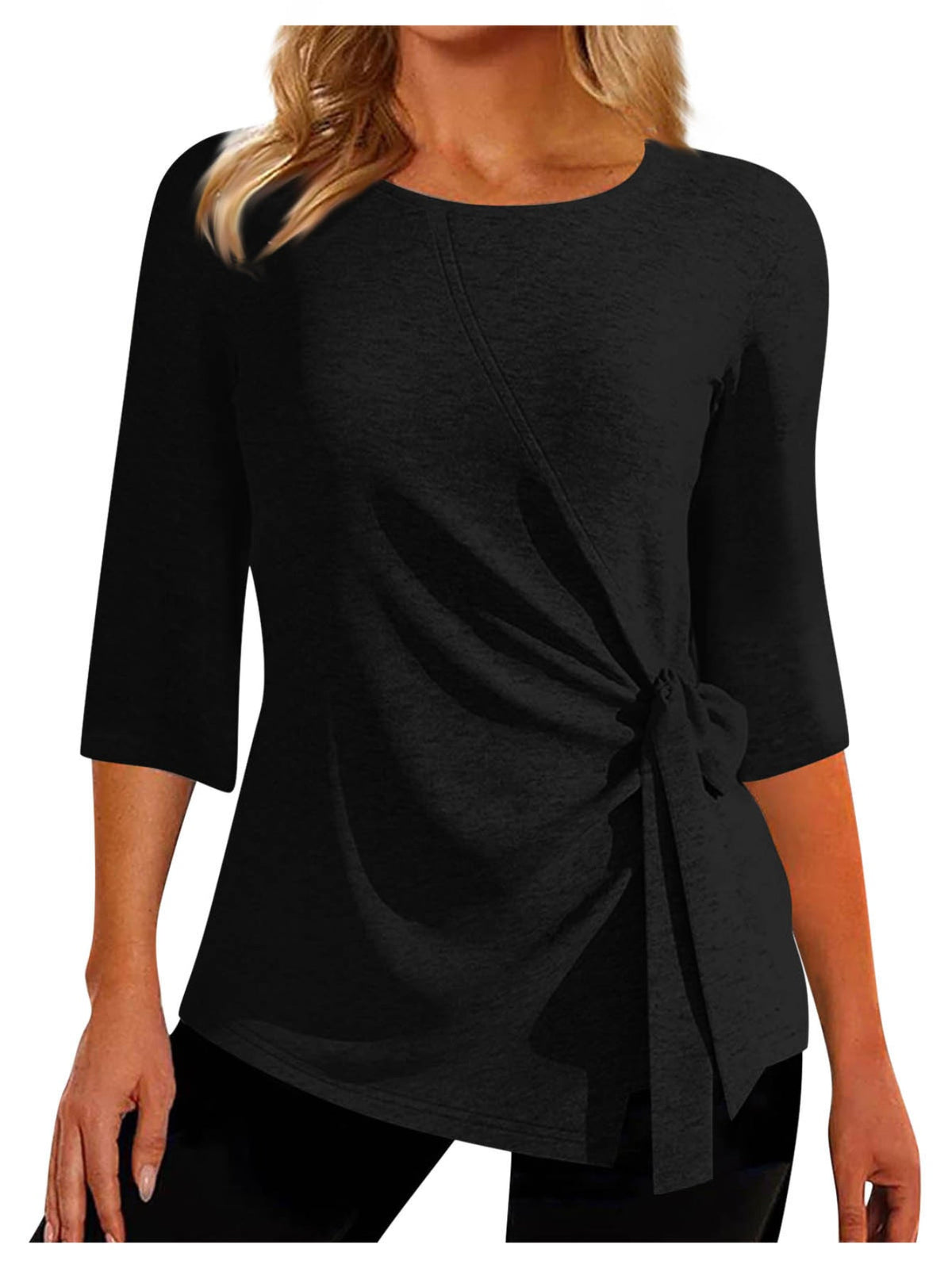 Solid Ruched Tie Front Top, Casual Three-quarter Sleeve Top