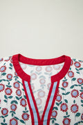 Red Cute Sunflower Printed Striped Patchwork Trim Flutter Sleeve Long Dress