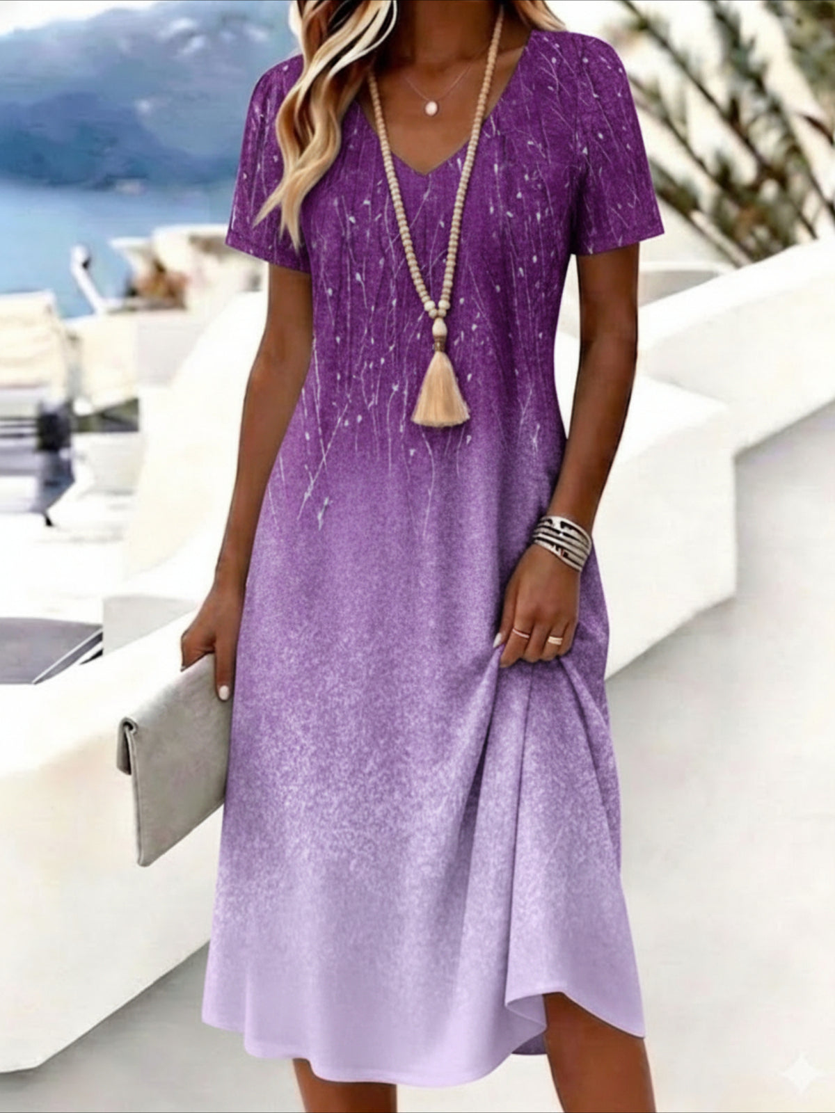 Print Short Sleeve V-Neck Casual Midi Dress