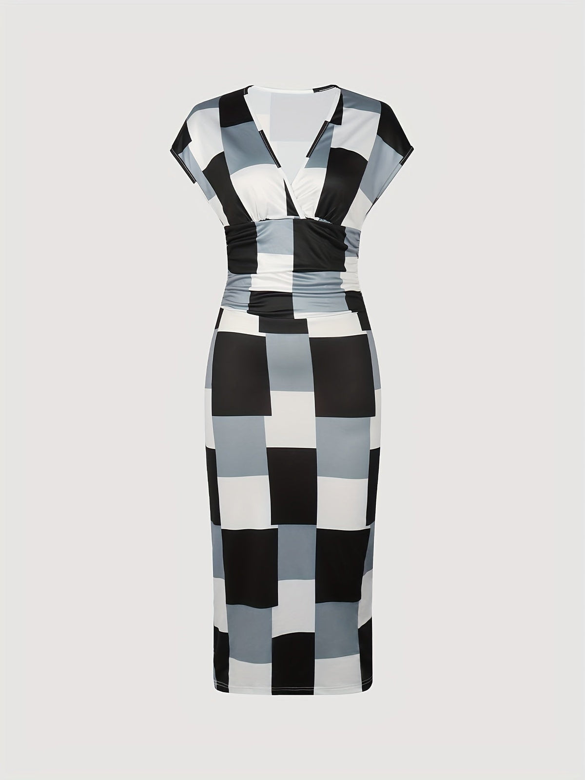 Patchwork Print V Neck Dress, Elegant Short Sleeve Dress