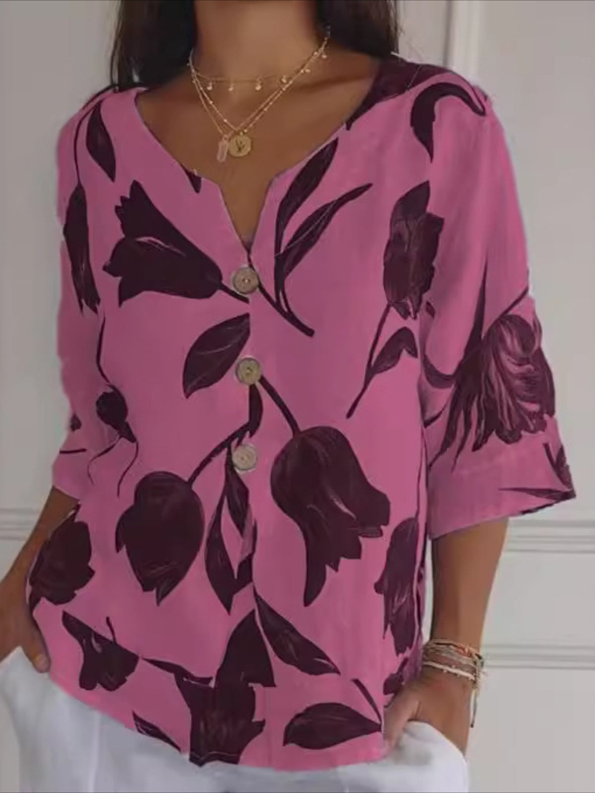 Floral Print Button Decor Blouse, Casual Notched Neck Top