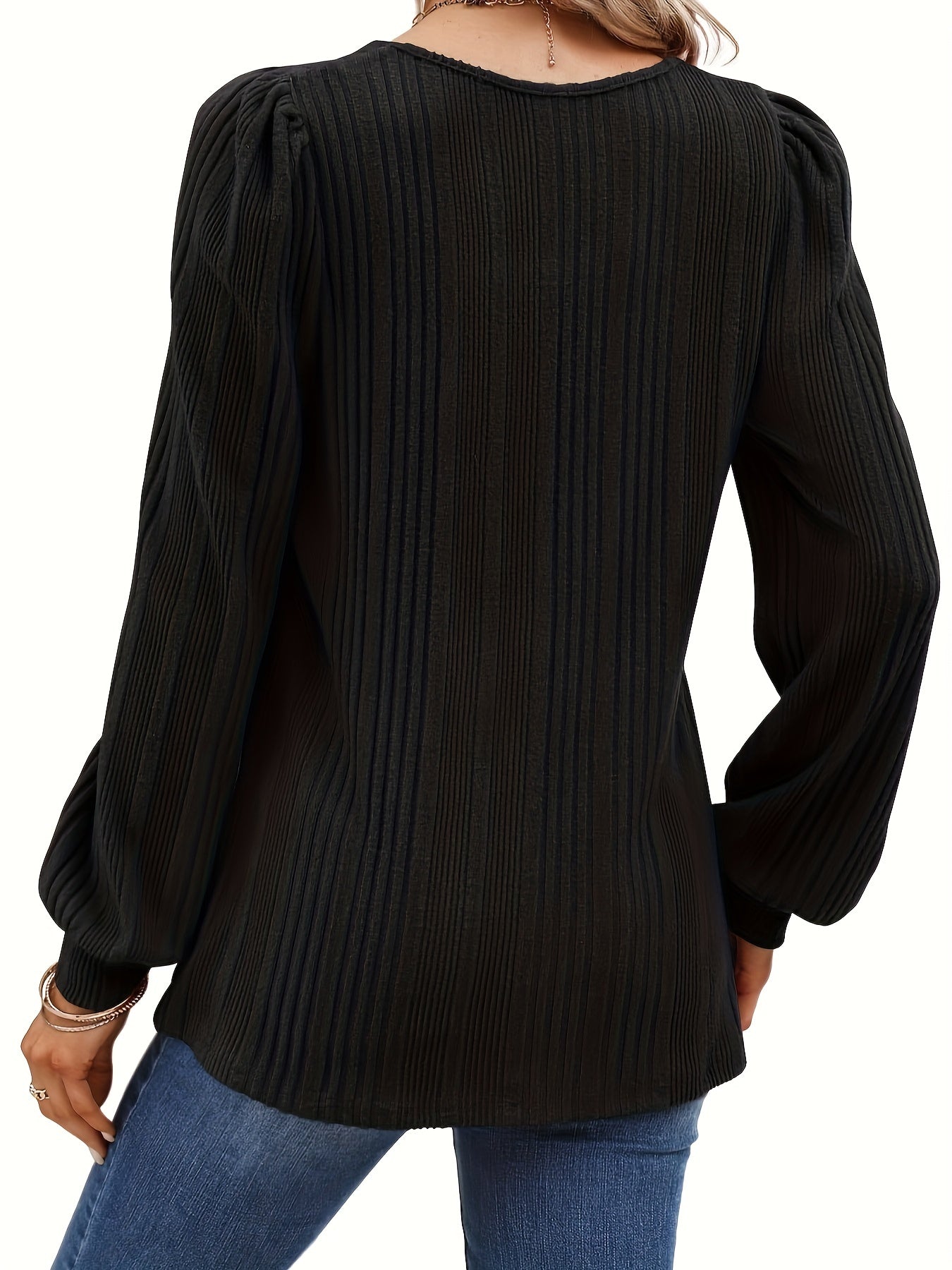 Solid Square Neck Rib Knit Top, Elegant Long Sleeve Sweater