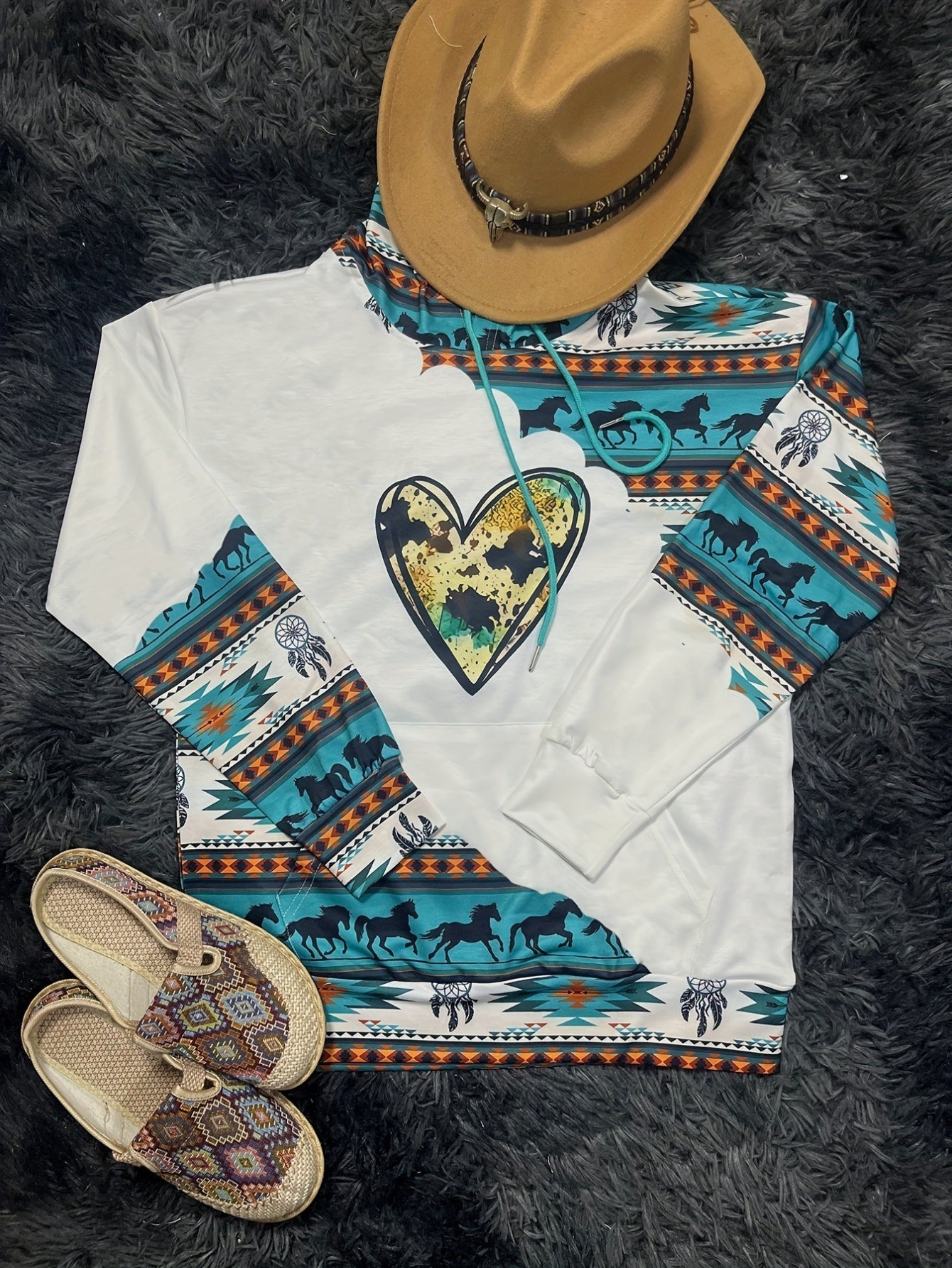 Aztec Geo Print Kangaroo Pocket Hoodie, Casual Long Sleeve Drawstring Hoodies Sweatshirt