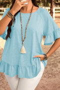 Light Blue Ruffled Short Sleeve Plus Size Casual Blouse