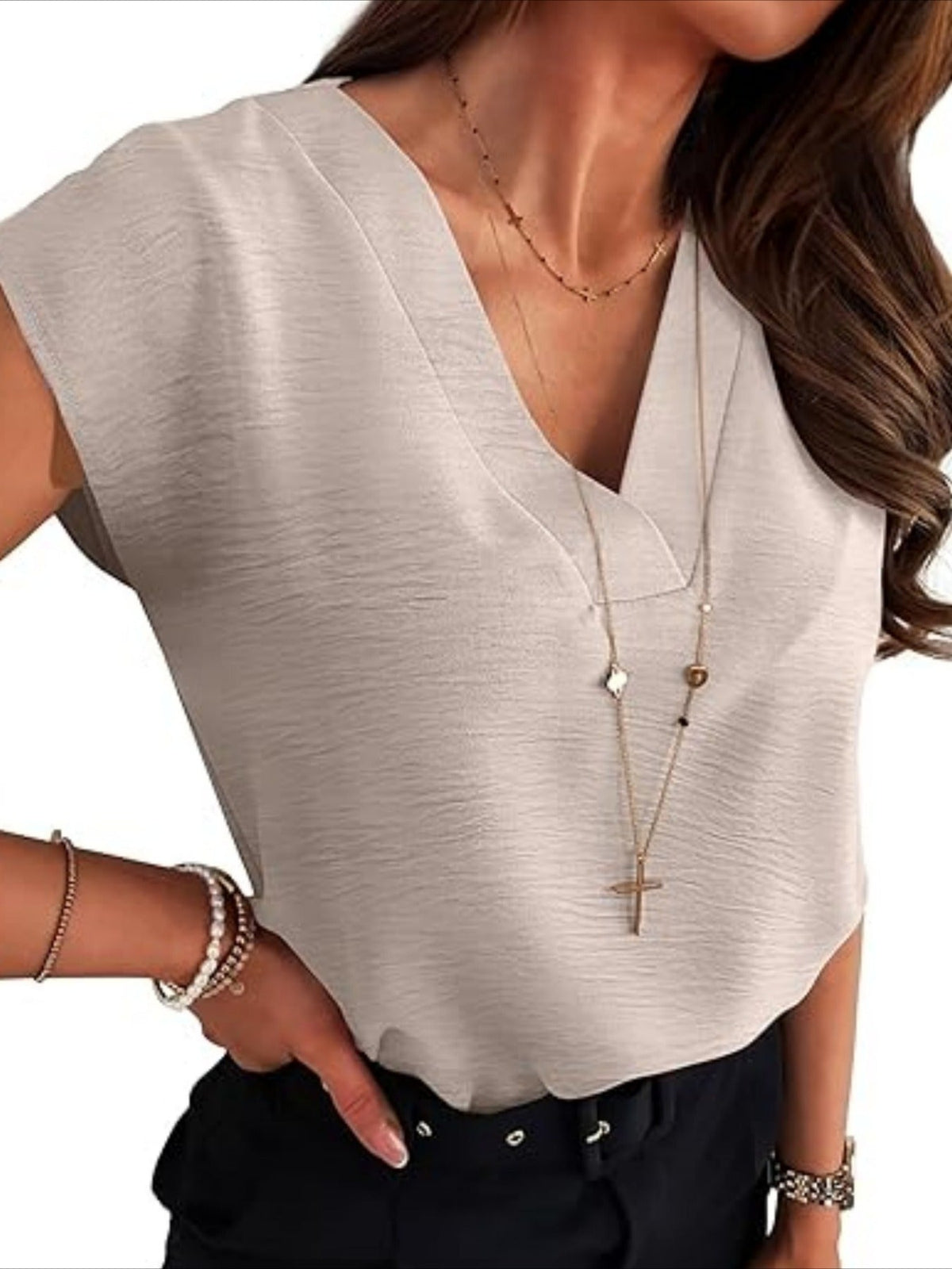 Plain V-Neck Batwing Short Sleeve Casual Loose Blouse