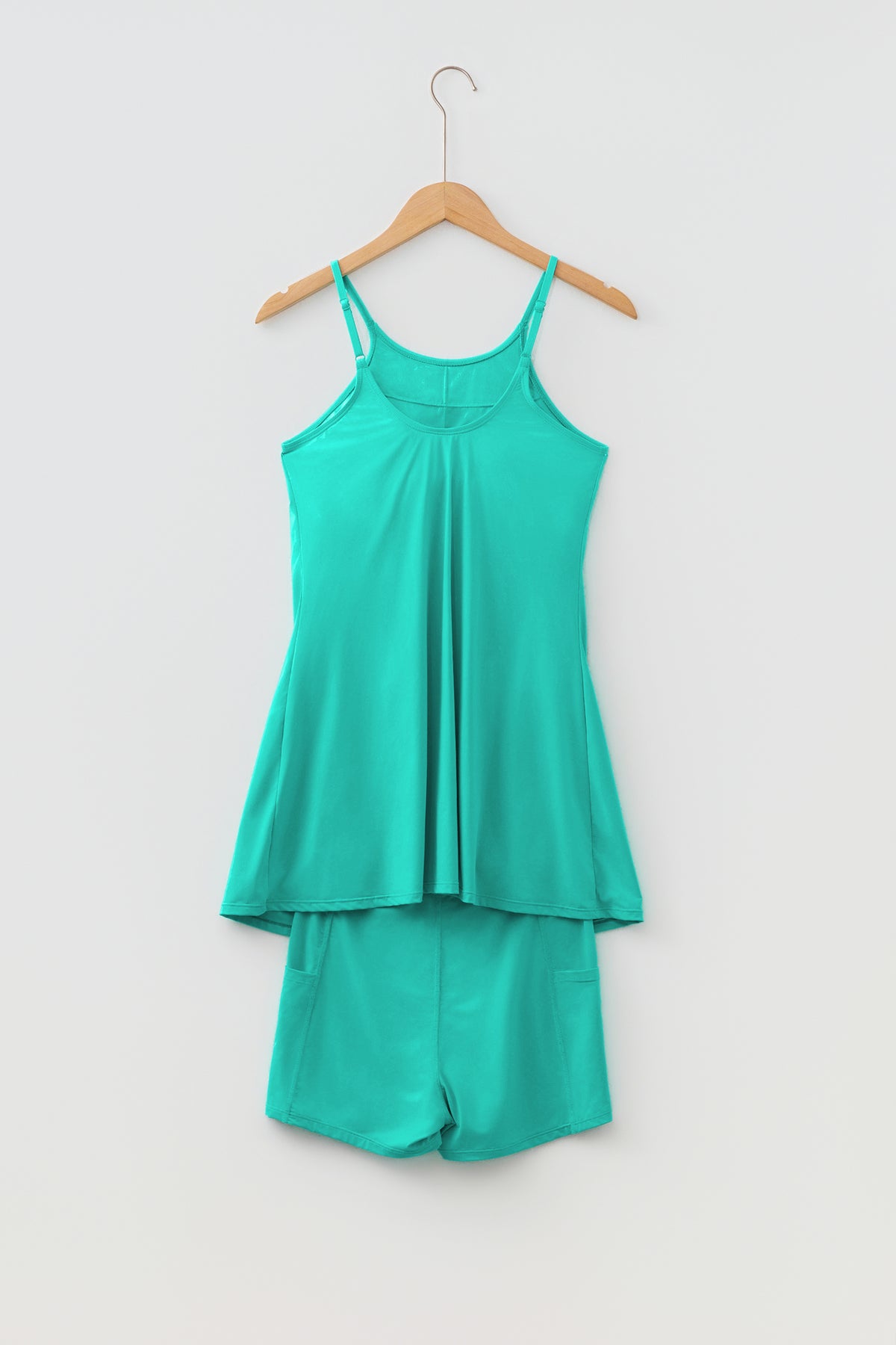 Sea Green Solid Color Tunic Tank Dress Athletic Shorts Two Piece Set