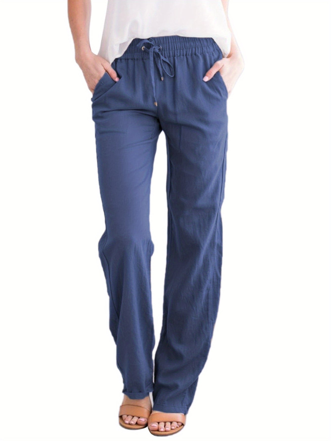 Women's Loose Fit Wide-Leg Trousers - Casual Solid Color Drawstring Design Fashion Pants
