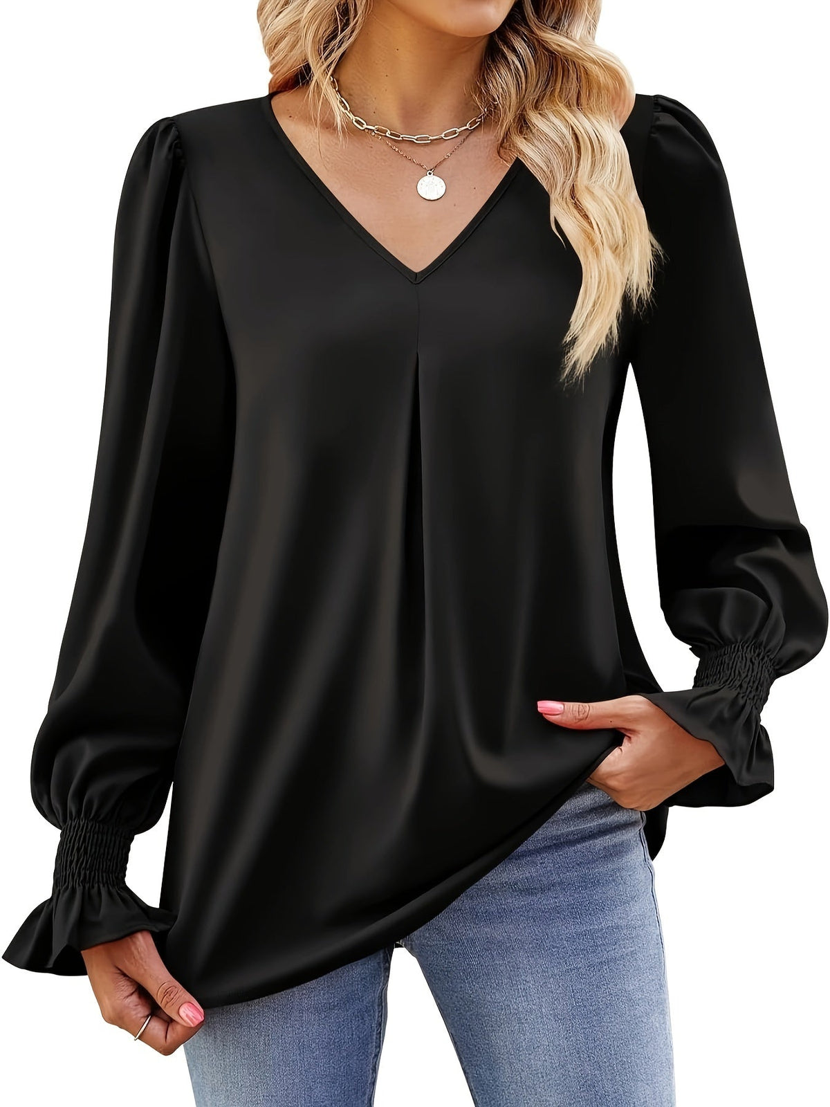 Solid V Neck Simple Blouse, Elegant Long Sleeve Ruched Blouse