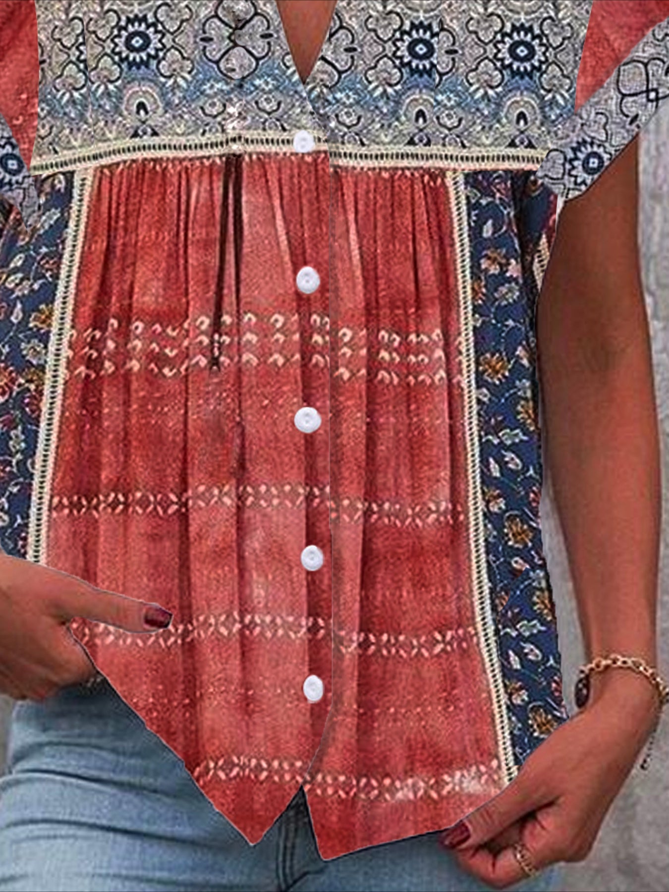 Random Print Short Sleeve Shirt Summer Notched Daily Casual Top