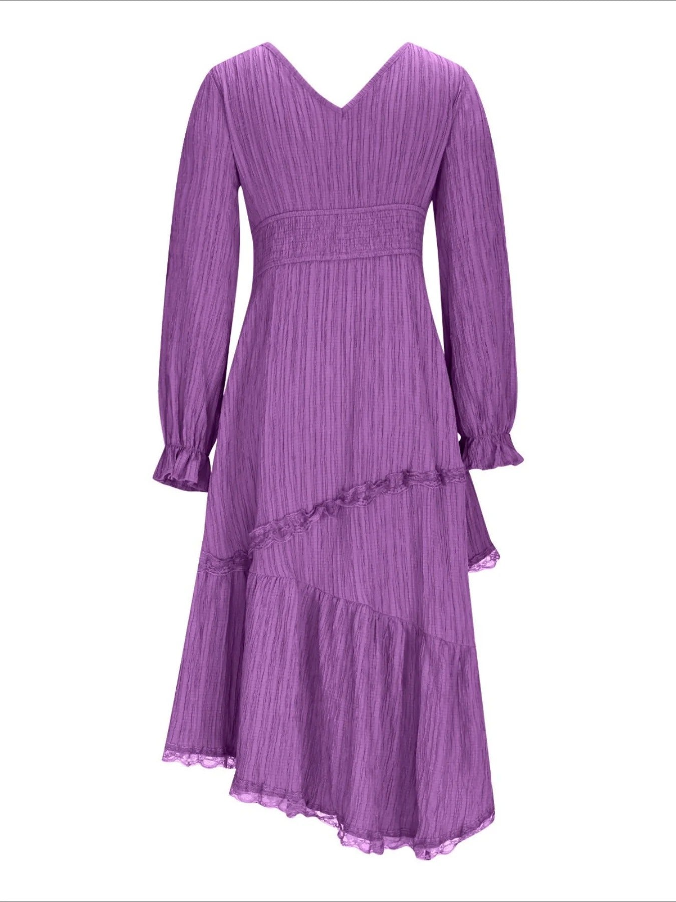 Solid Color Elegant Long Sleeve V-Neck Midi Dress