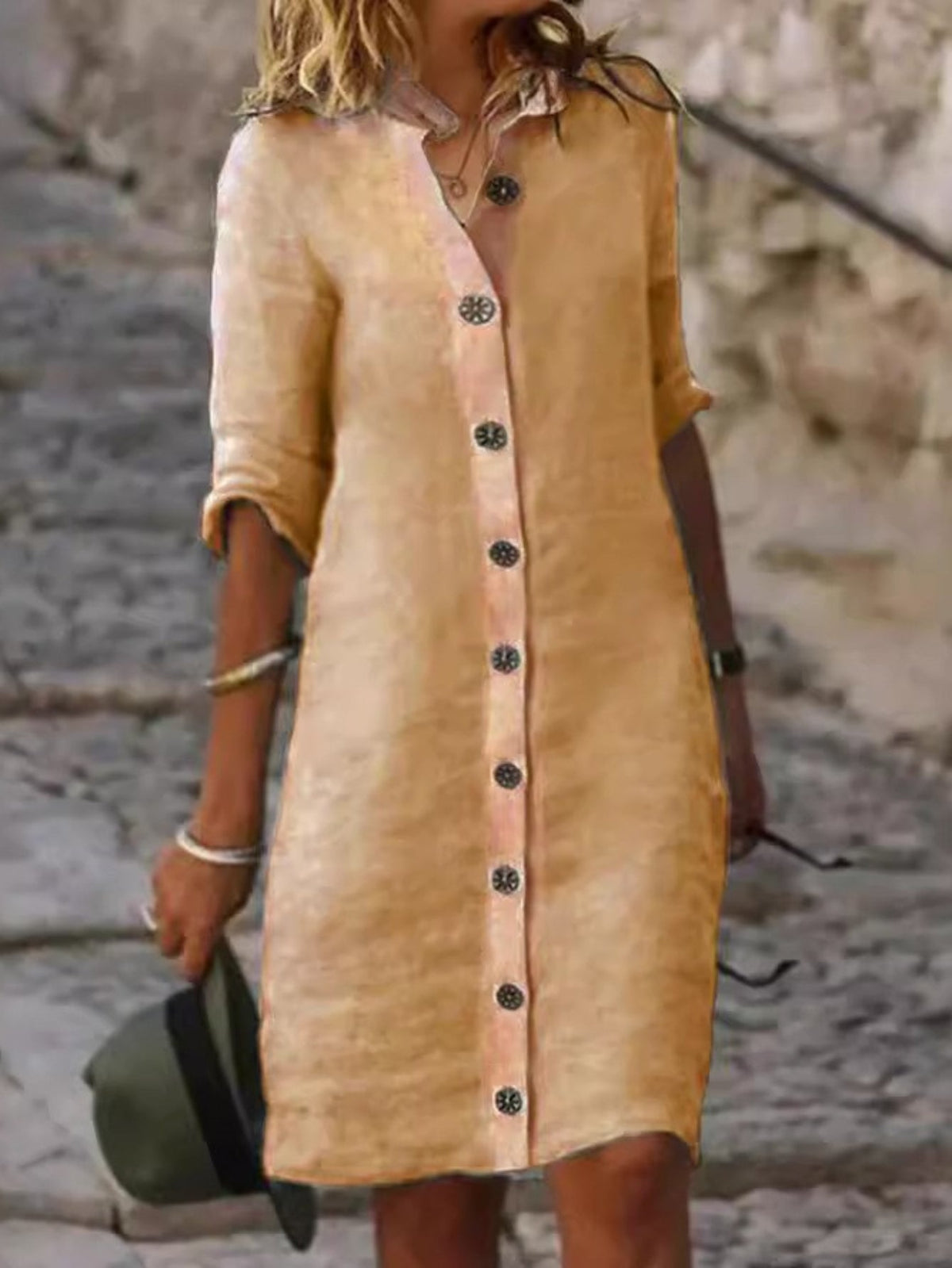 Button Front Half Sleeve Dress, Casual Solid Simple Midi Dress