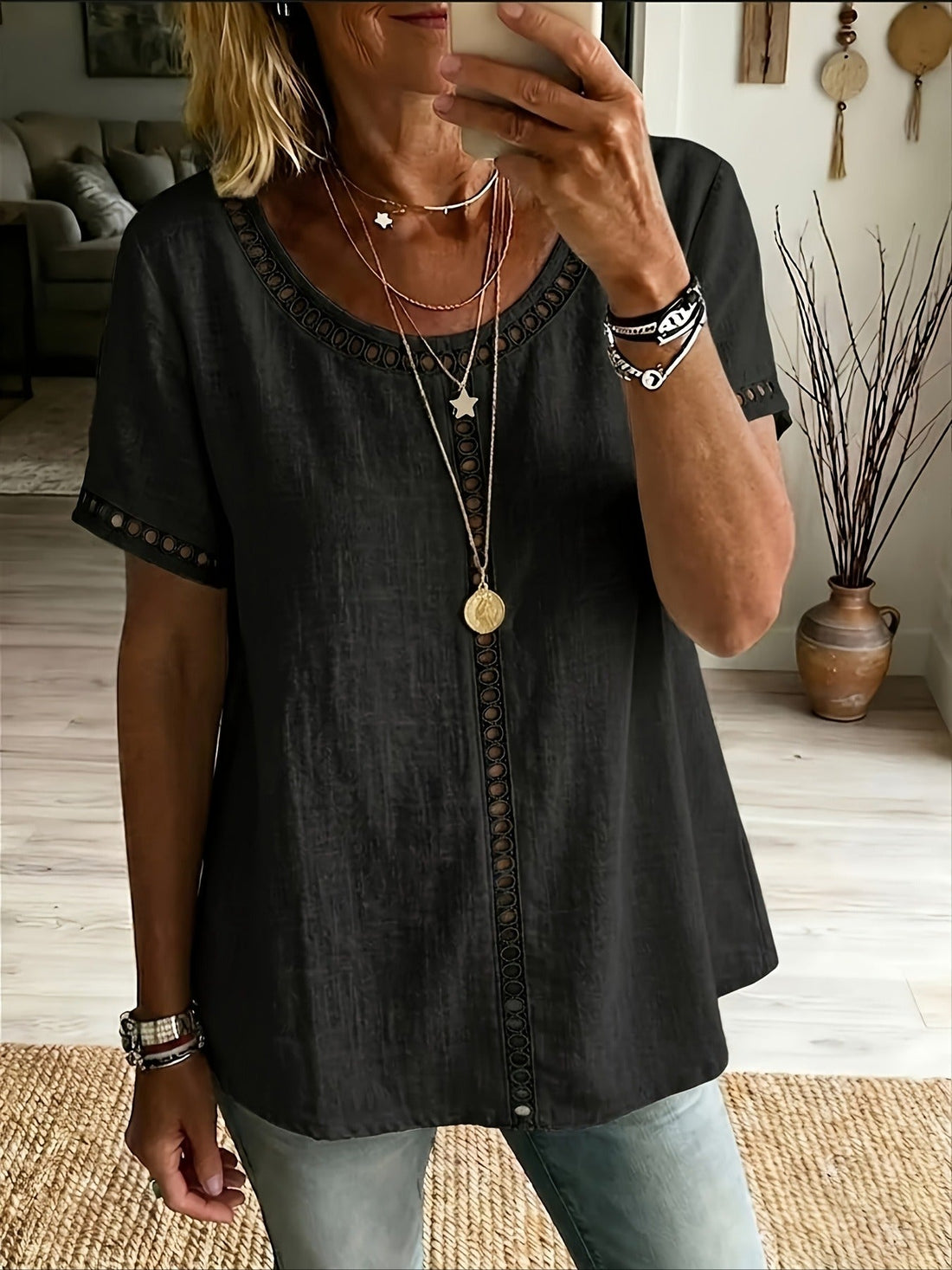 Solid Color Hollow Out Lace Fashion Short-Sleeve Top