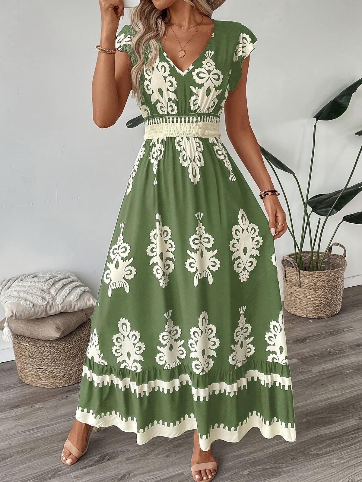 Women's Navy Blue Floral Print V-Neck A-Line Dress with Ruffled Cap Sleeves