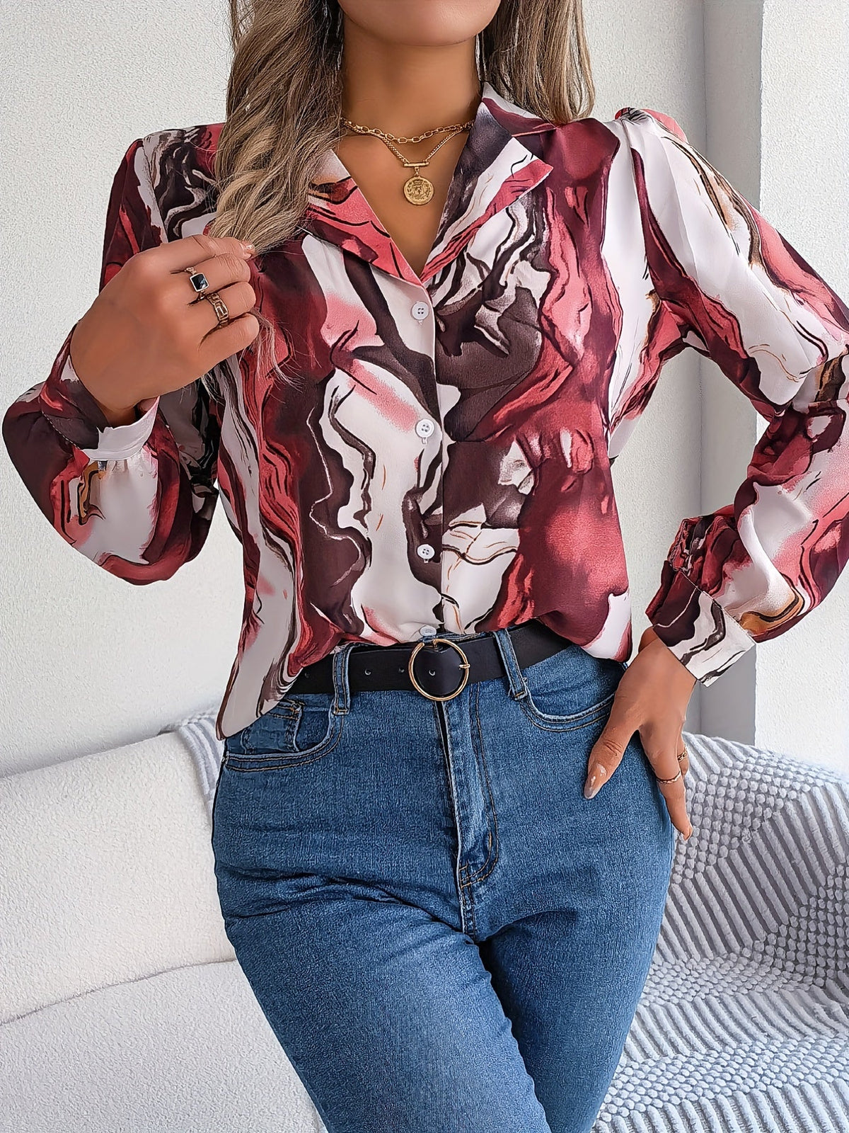 Graphic Print Button Front Shirt, Casual Long Sleeve Shirt