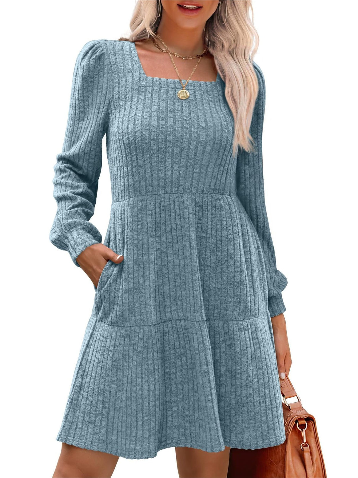 Square Neck Long Sleeve Dress with Pockets