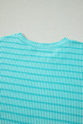 Sky Blue Stripe Raised Rib Loose Tee Drawstring Elastic Waist 2pcs Short Set