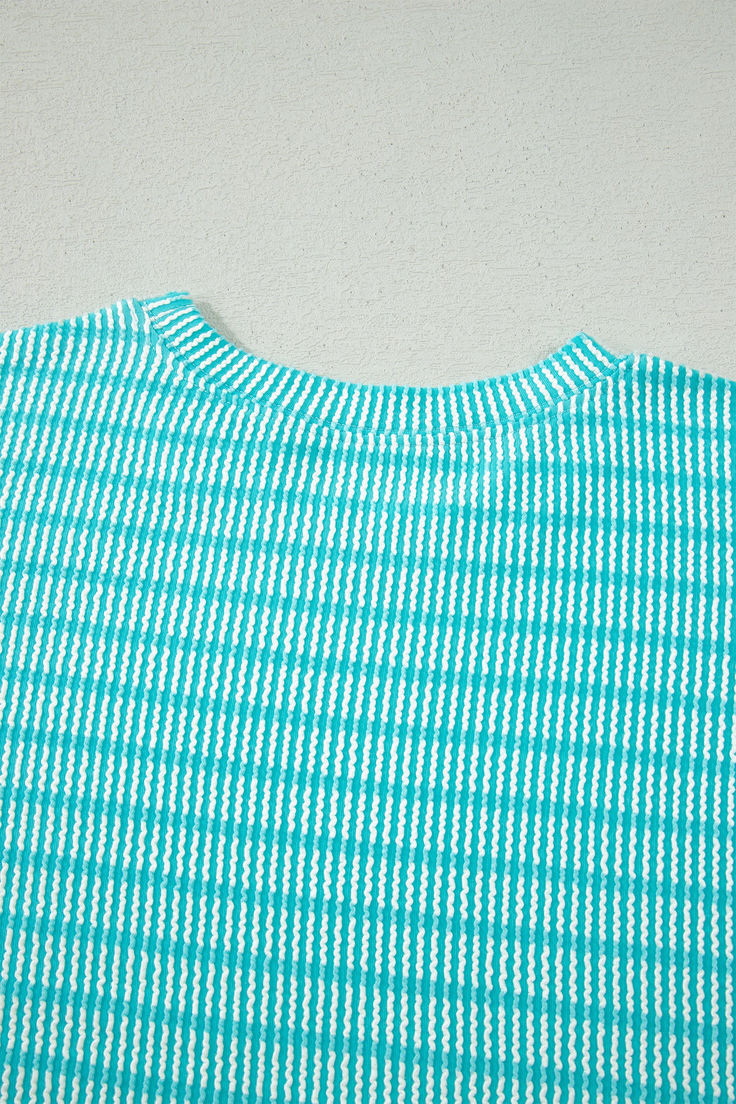 Sky Blue Stripe Raised Rib Loose Tee Drawstring Elastic Waist 2pcs Short Set