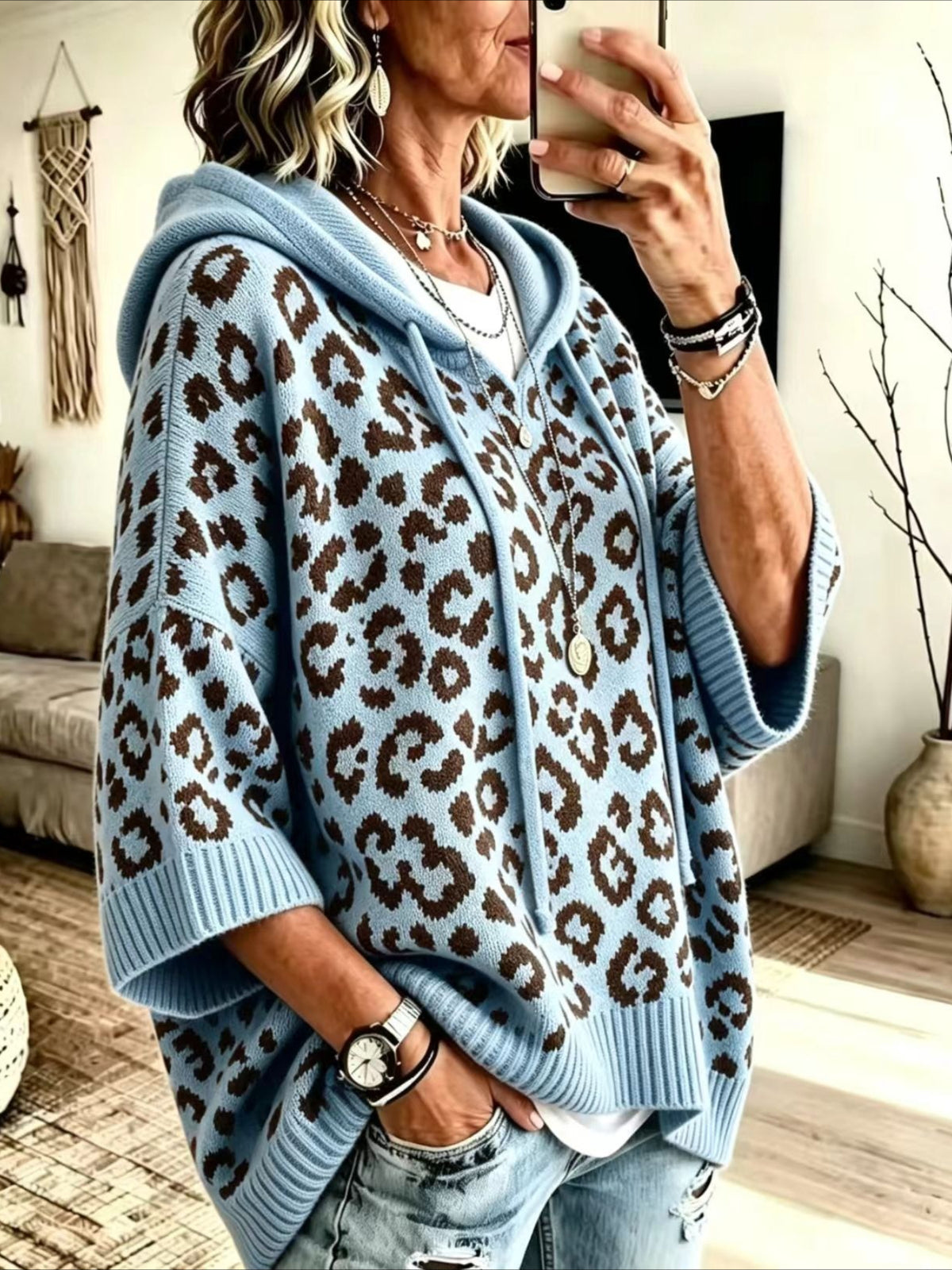 Leopard Pattern Hooded Knit Sweater with Batwing Sleeves