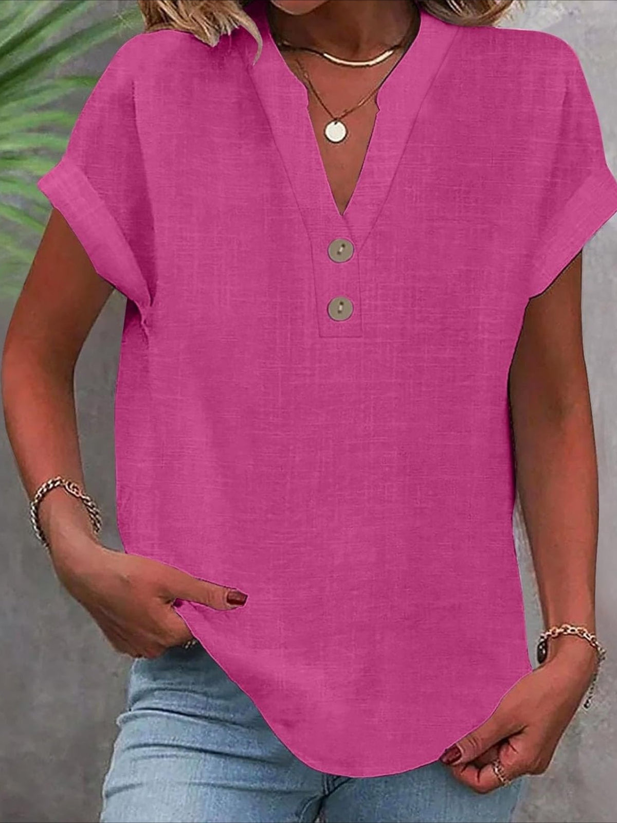 Solid Color V Neck Short Sleeve Button Down T Shirts
