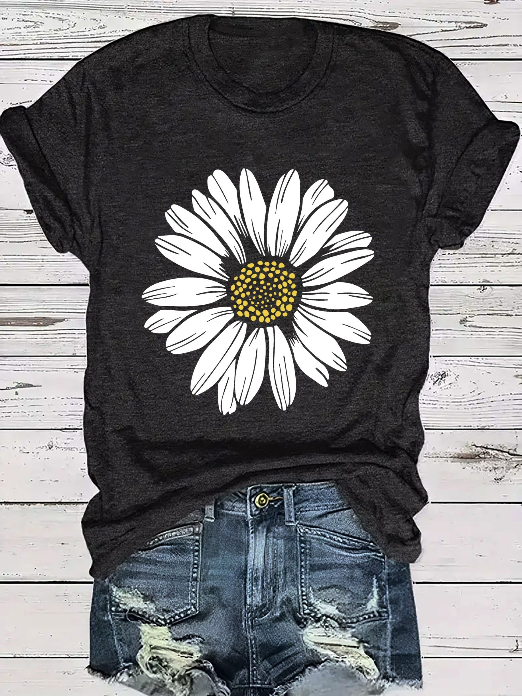 Daisy Flower Print Crew Neck Short Sleeve T-Shirt