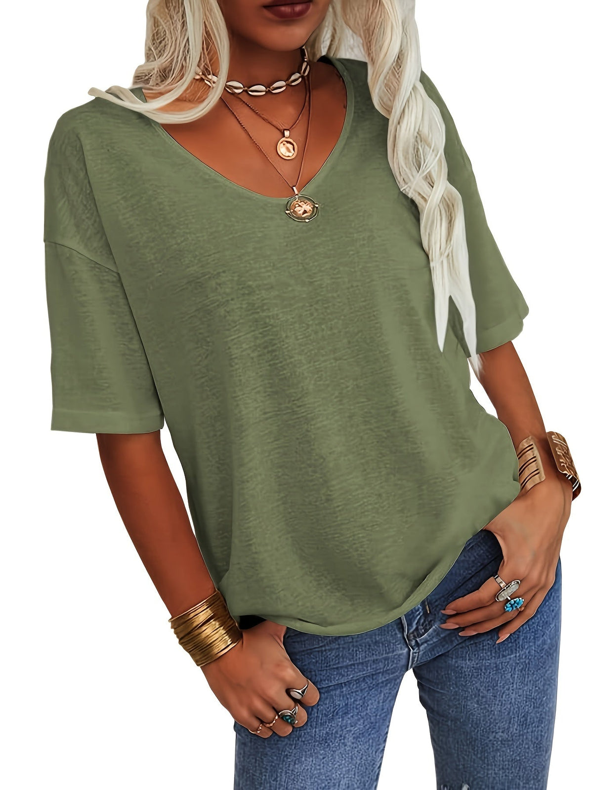 Solid Color V Neck T-shirt, Casual Short Sleeve T-Shirt