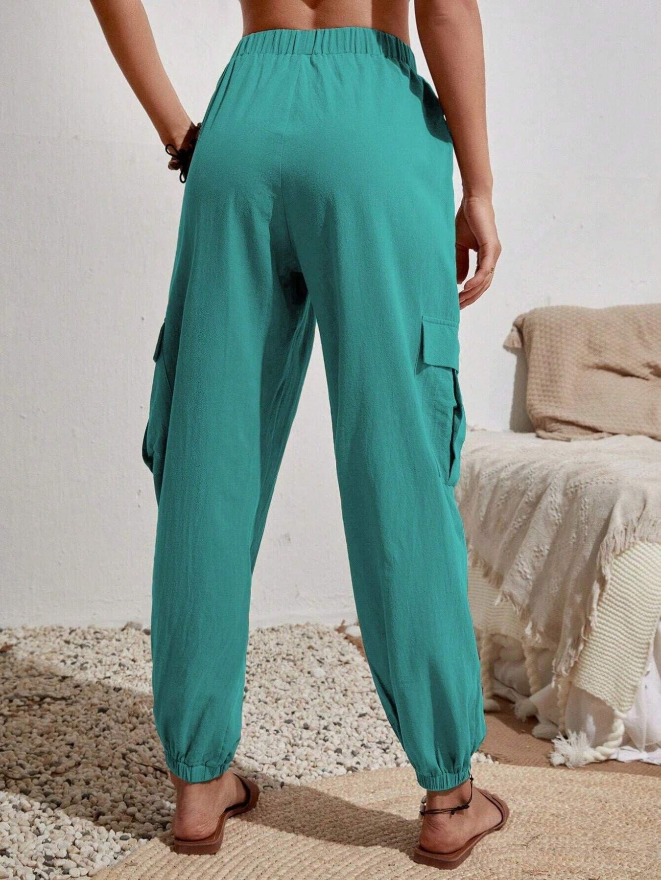 Solid Drawstring Pants, Casual Slant Pockets Cargo Pants