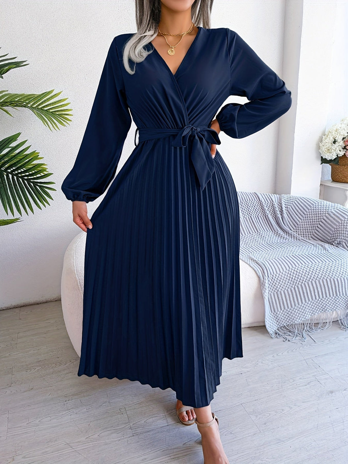 Pleated Surplice Neck Dress, Elegant Long Sleeve Solid Dress, Women's Clothing