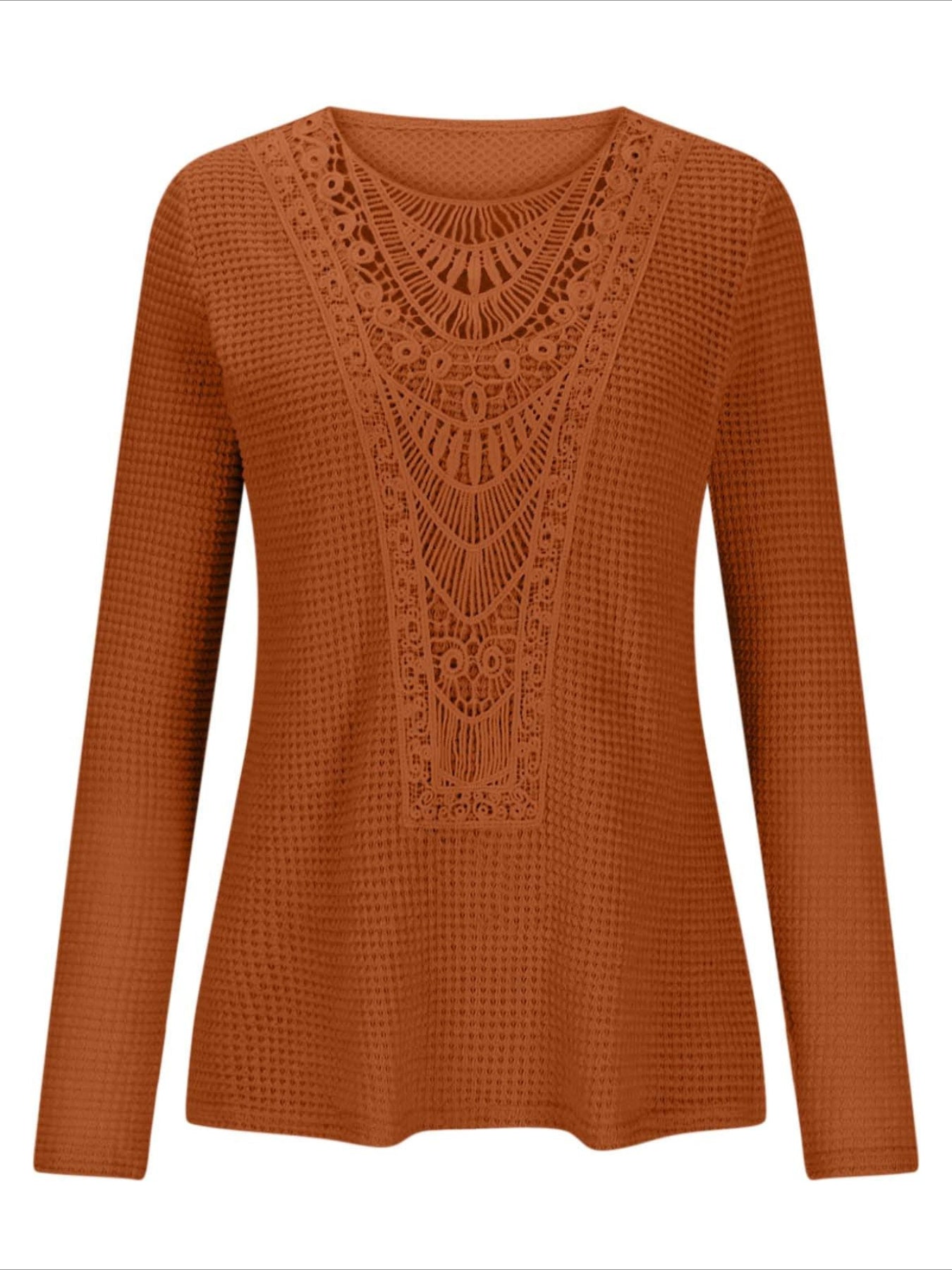 Pineapple Checked Lace Splicing Long Sleeve Solid Color T-shirt
