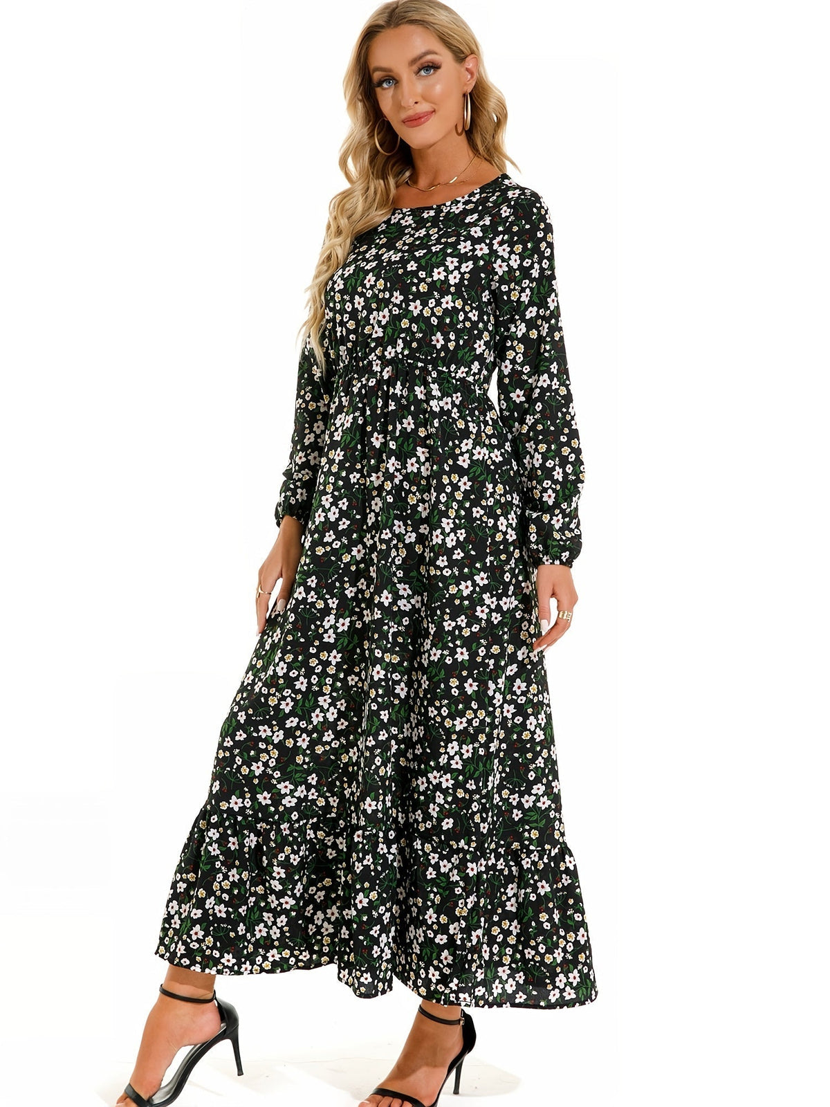 Bohemian Flowy Ruffle Long Dress, Casual Floral Print Long Sleeve Crew Neck Waist Long Dresses