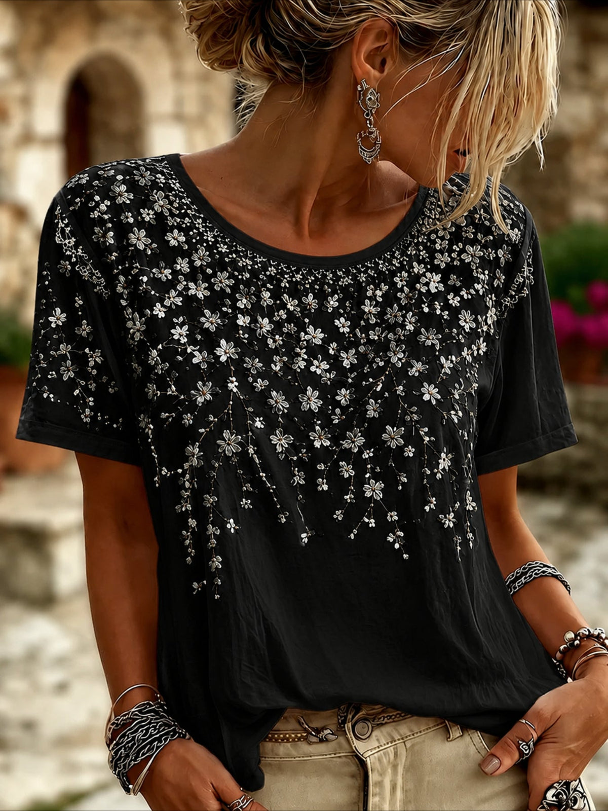 Floral Print Crew Neck Short Sleeve Top