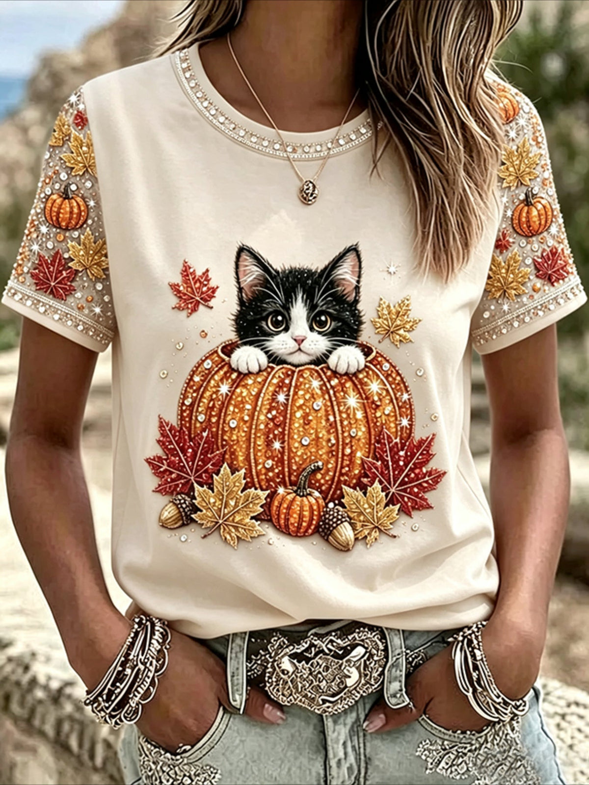 100% Cotton Casual Green Maple Leaf Printing Crew Neck Short Sleeve T-shirt