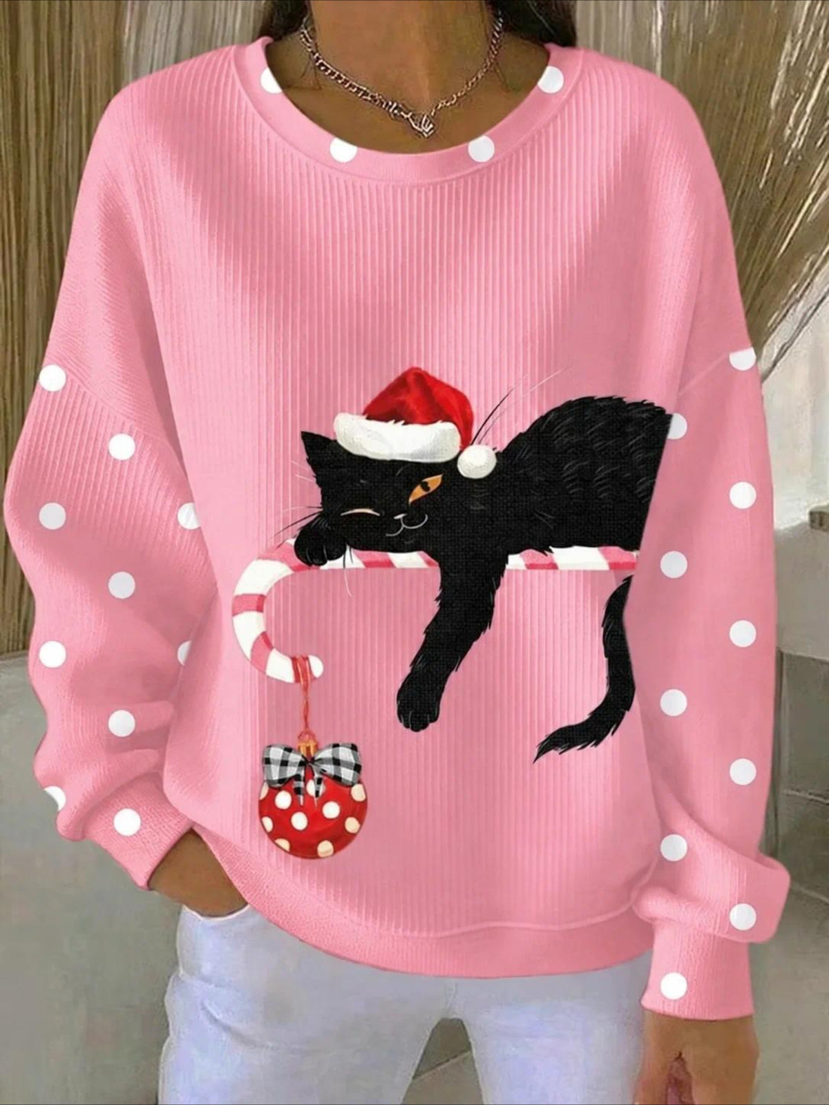 Polka Dots Casual Printing Loose Crew Neck Regular Fit Sweatshirt
