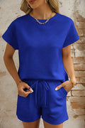 Dark Blue Textured Short Sleeve Top and Shorts Set