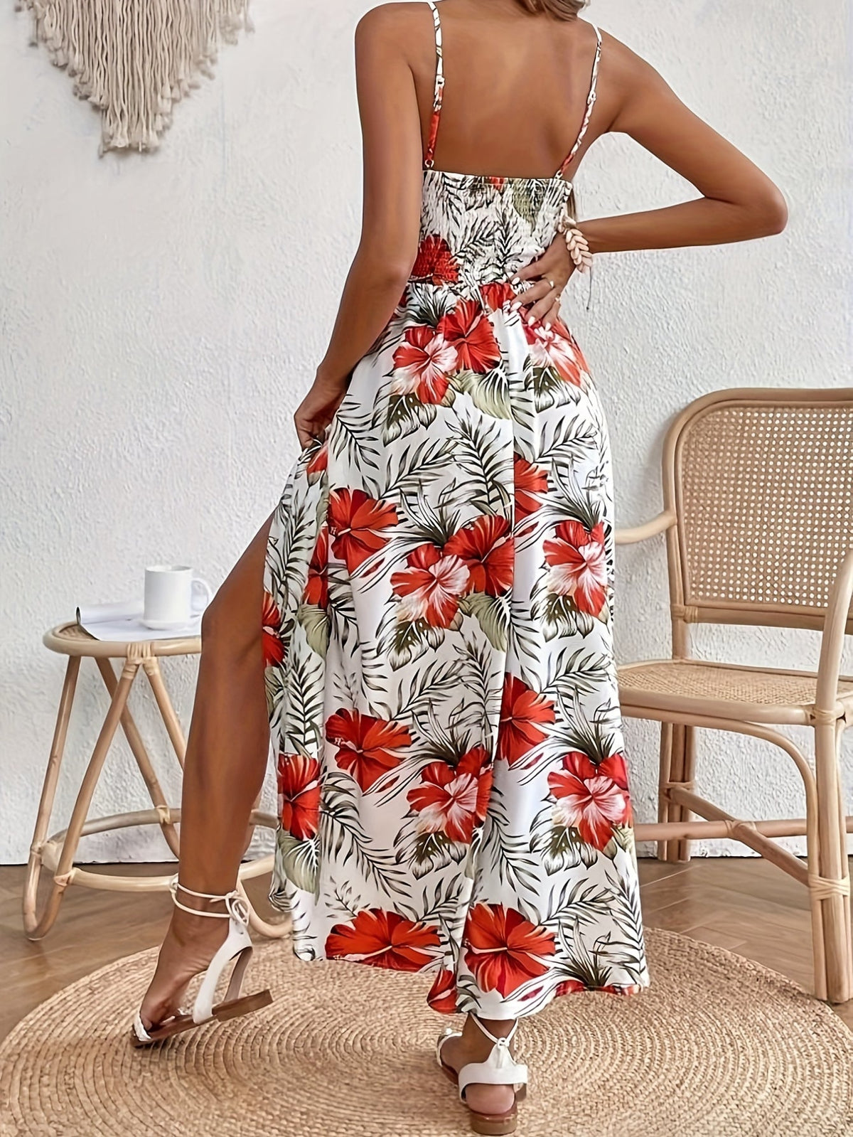 Floral Print Spaghetti Strap Elegant Sleeveless Split Dress