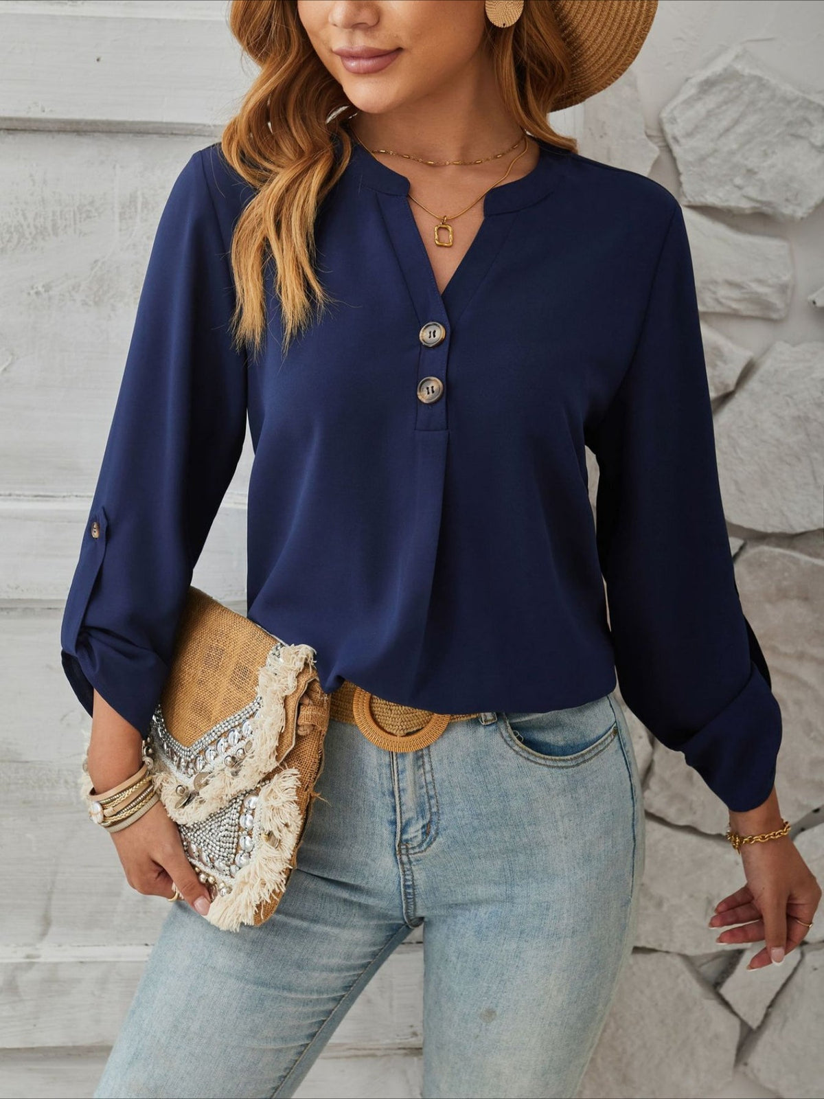 V-Neck Solid Color Comfortable Breathable Casual Long Sleeve Top