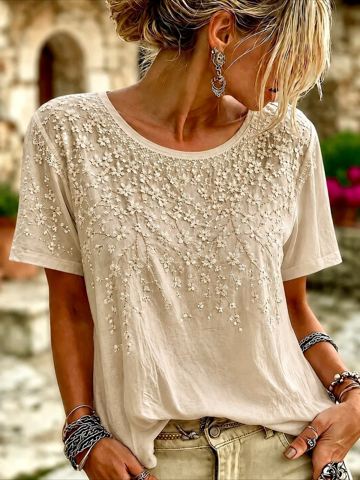 Floral Print Crew Neck Short Sleeve Top