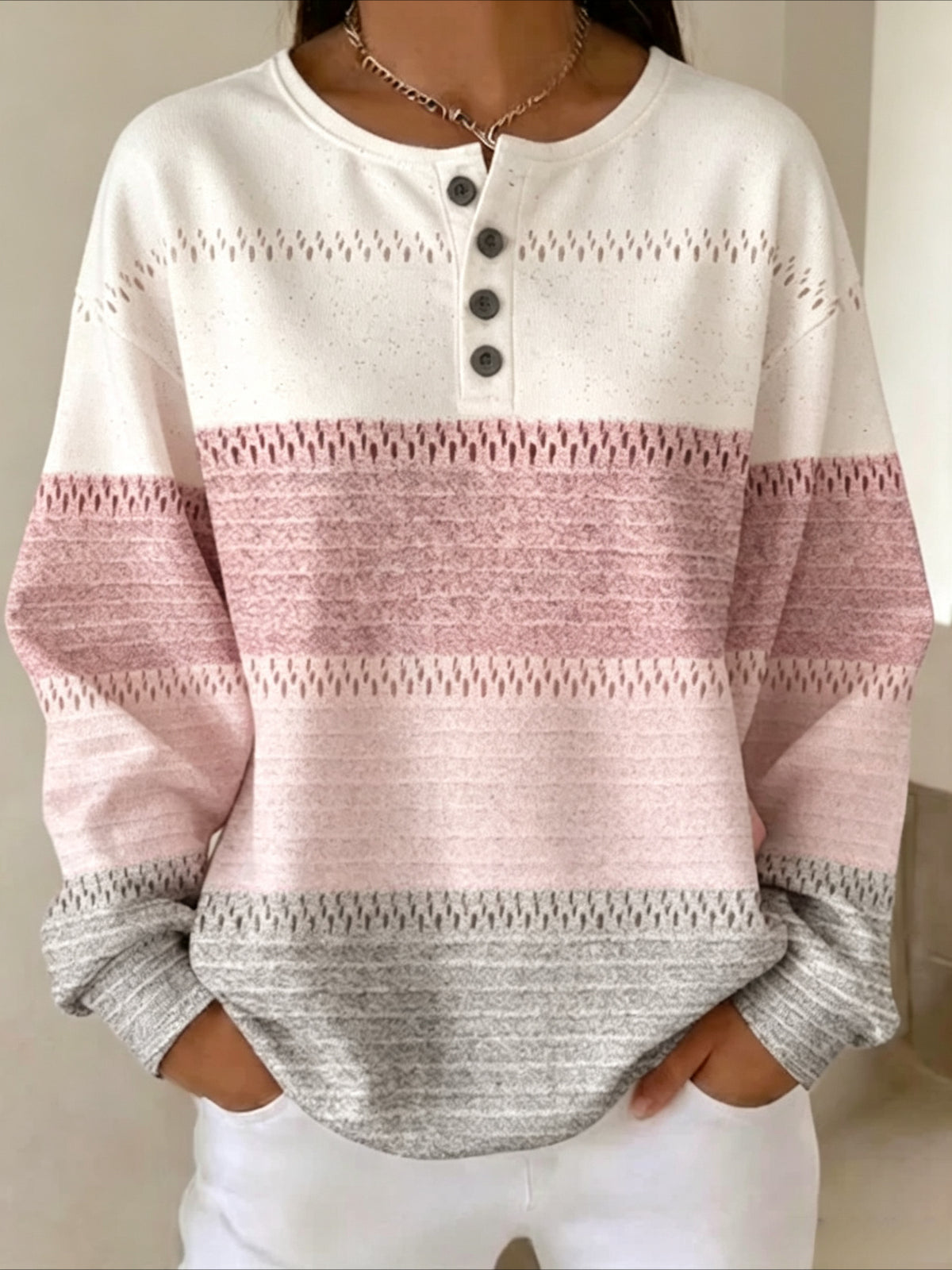 Pullover Loose 4 Button Minimalist Geometric Top