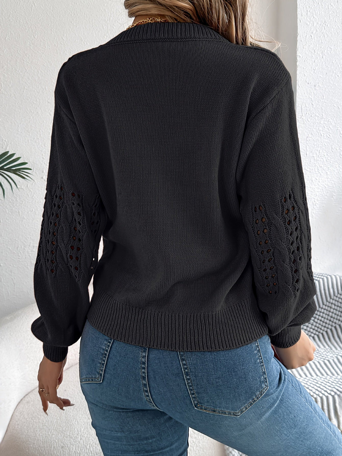 Pointelle Knit Solid Pullover Sweater, Casual Vacation Style Long Sleeve Crew Neck Sweater