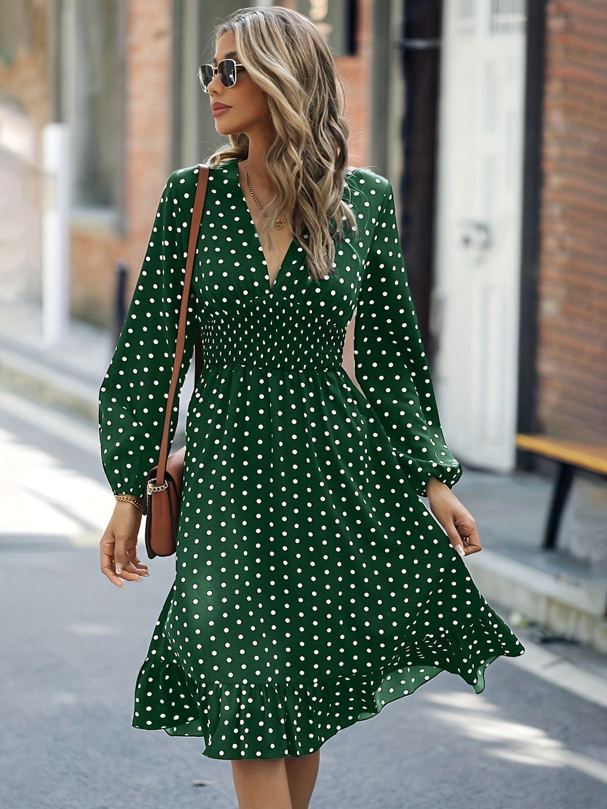 Retro V-neck Ruffle Dress, Polka Dot Print Long Sleeve Waist Loose Summer Dresses
