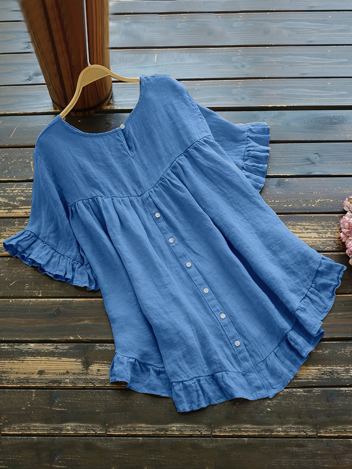 Solid Button Back Ruffled Trim Blouse, Casual Short Sleeve Blouse