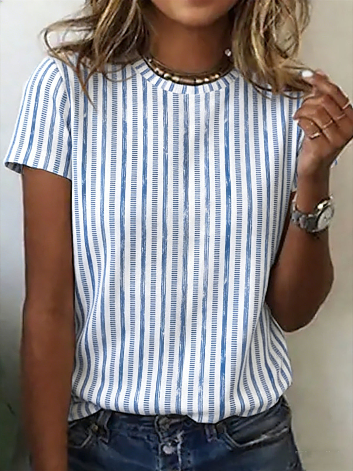 Striped Crew Neck Short Sleeve Casual T-shirt